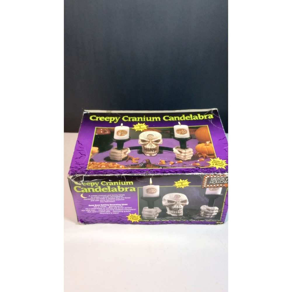 Vintage SPOOKY HOLLOW Creepy Cranium Candleabra Halloween Decor Holds 2 Candles